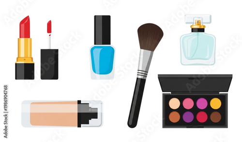 vibrant collection of colorful cosmetic products arranged in a stylish scattered layout on a solid white background. Includes lipstick, nail polish, perfume, makeup brush, foundation, and eyeshadow pa