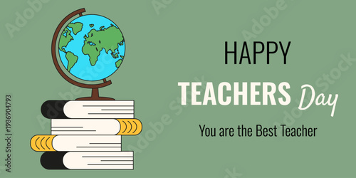 Happy Teachers Day horizontal holiday banner. Flat vector geography globe and stack of education books with bold holiday message. Perfect Teacher's Day poster cover design EPS 10