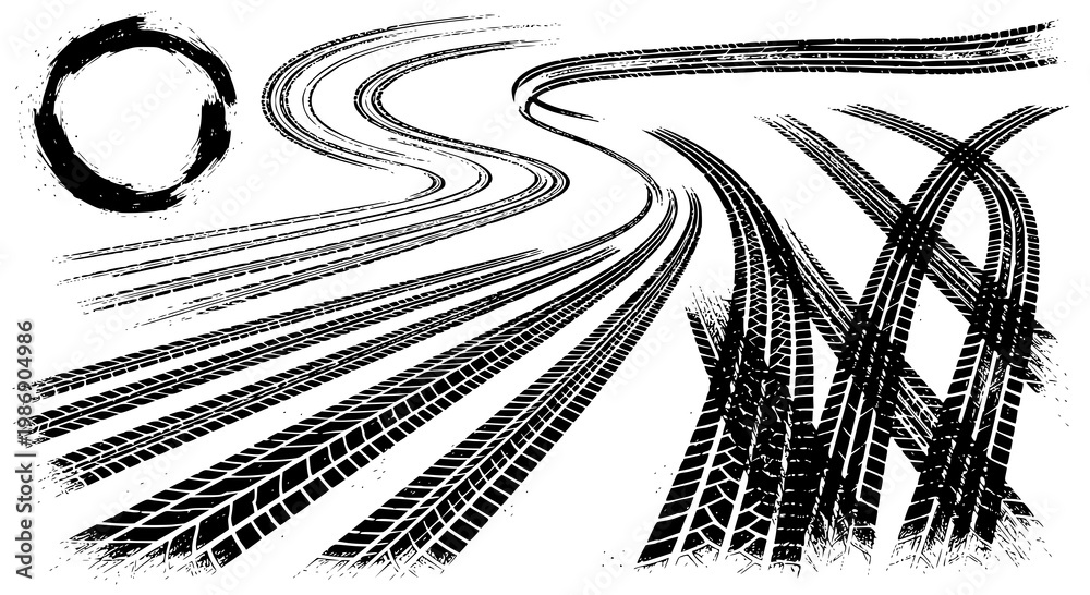 Fototapeta premium Tire tread marks after skidding, launch, drift, powerslide in motorsport, rally, off-road, motocross. Wheel texture with splash effect. Vector, JPEG version.