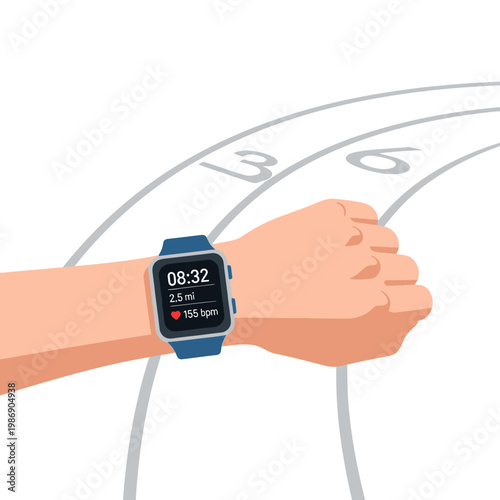 Person's wrist wearing smartwatch tracking fitness data on running track