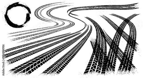 Tire tread marks after skidding, launch, drift, powerslide in motorsport, rally, off-road, motocross. Wheel texture with splash effect. Vector, JPEG version.