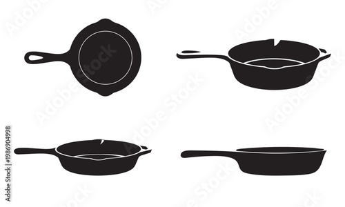 Black silhouettes of cast iron skillets in various states of damage