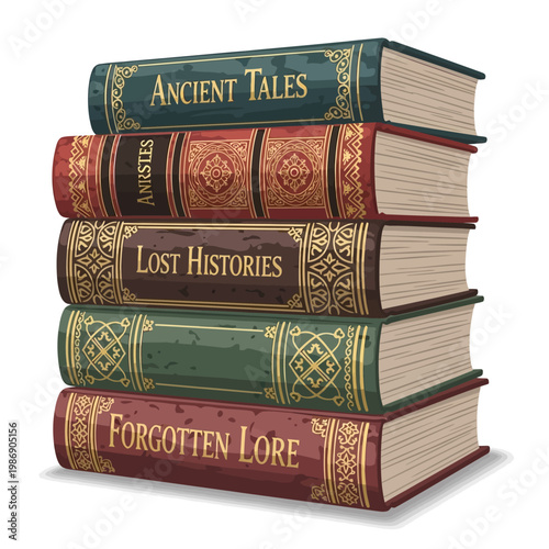 Stack of Old Vintage Books with Ornate Covers - Ancient Tales, Lost Histories, Forgotten Lore