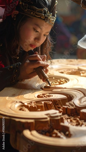 A young girl intently carves an intricate design