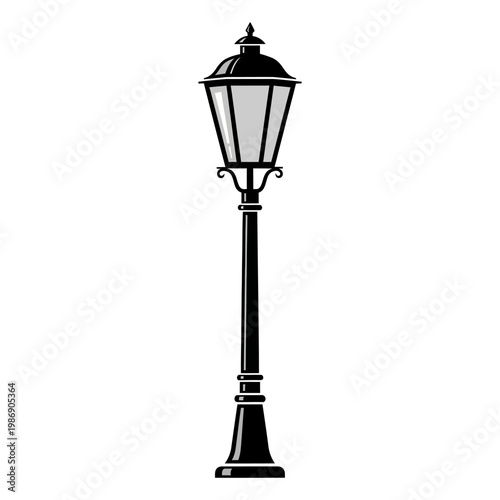 Vintage Street Lamp Post Isolated on White Background, Classic Outdoor Lighting Fixture