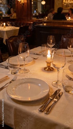Elegant dining table setup with wine glasses, candles, and soft lighting for a cozy restaurant atmosphere.