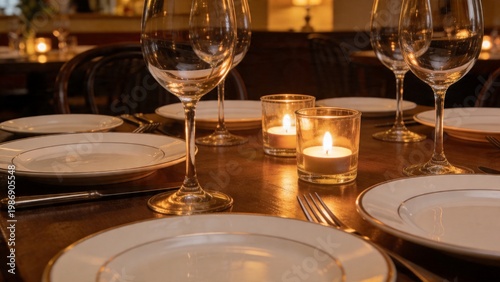 Elegant dining setup with wine glasses, candles, and white plates, ideal for upscale restaurant ambiance.