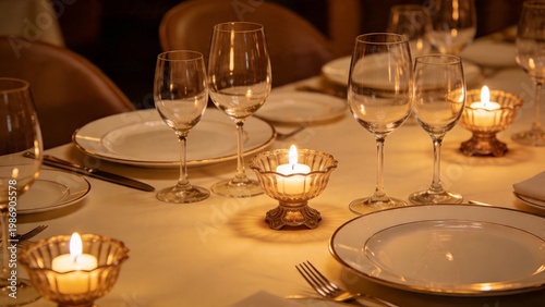 Elegant fine dining table setting with candlelight, featuring empty wine glasses, white plates, and a warm ambiance for a luxury dining experience.