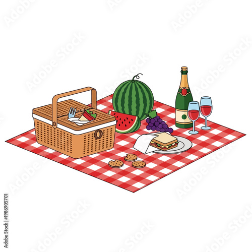 Summer Picnic Basket with Refreshments and Food on Red Gingham Blanket