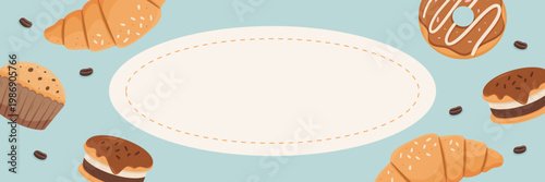 Assorted pastries and sweets banner with blank center for bakery design.