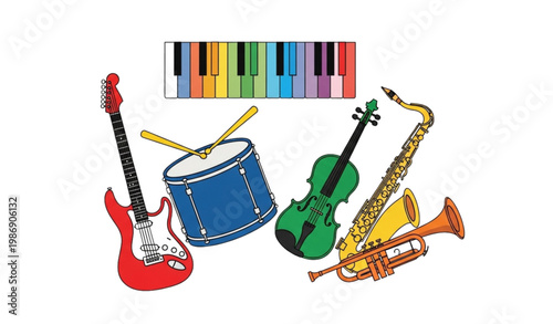 Colorful musical instruments vector set with flat design collection in semicircle layout isolated on white