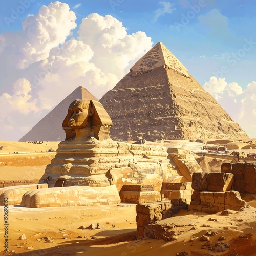 Ancient Egyptian pyramids and sphinx in desert landscape