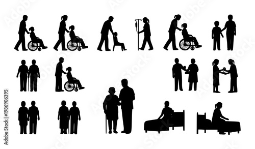 Nursing care silhouettes set black vector healthcare assistance and welfare scenes collection