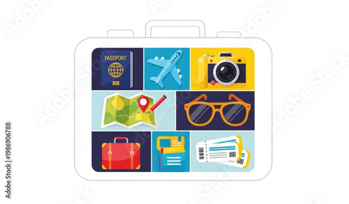 Colorful travel objects vector set with tourism essentials in grid layout flat design isolated on white