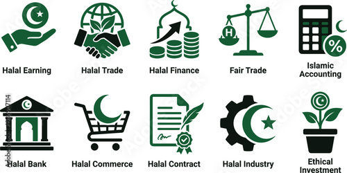 Halal finance icon set Islamic banking business trade ethical investment flat vector illustration sharia compliant economy modern UI collection pack