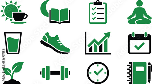 Healthy lifestyle routine habit icon set wellness fitness meditation productivity daily routine vector modern flat design collection pack bundle