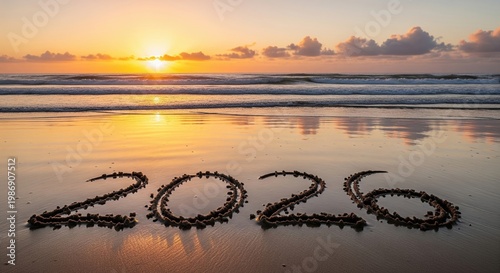 2026 Written on the Beach at Sunset. A scenic shot capturing a new year and hope.  Future horizons, tropical getaway, beach celebration.