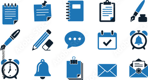 Office document productivity icon set notebook clipboard pen message calendar email notification vector flat modern UI icons bundle pack