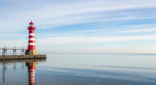 Lighthouse stands tall, painted in red and white stripes, on calm lake. A serene view with a sense of safety and guidance. Coastal landmark, navigational aid, scenic seascape.