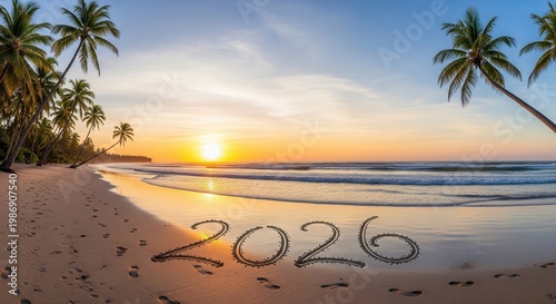2026 written on a beach at sunrise with palm trees. A panoramic seascape conveys a sense of hope. Destination travel, tropical paradise, summer holiday.