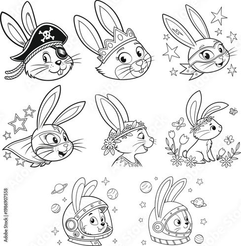 Cute Bunny Cartoon With Rabbits in Pirate, Princess, Superhero and Astronaut Costumes