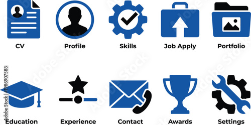 Resume CV job application icons set with profile skills portfolio contact education experience vector illustration modern career recruitment design collection