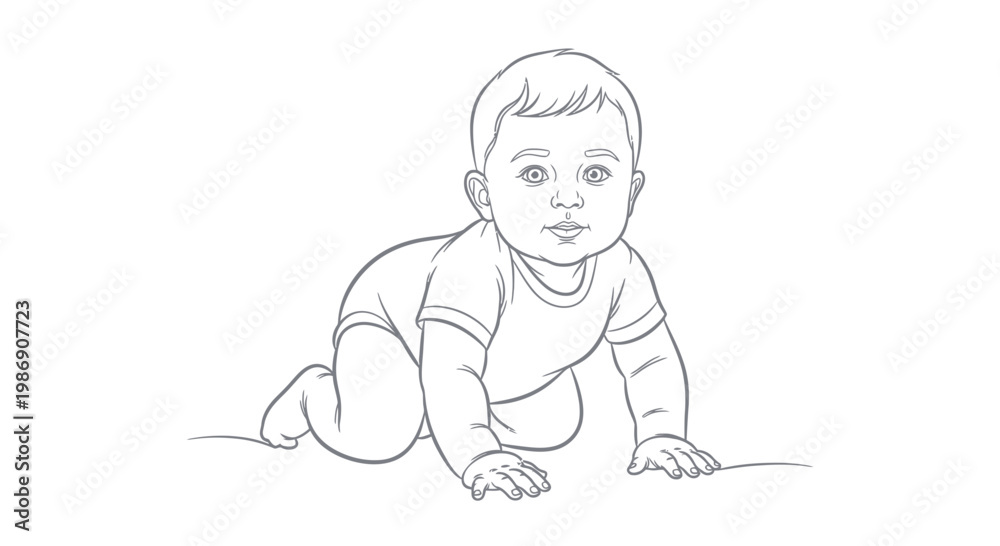 Fototapeta premium A cute baby crawls on all fours with a curious expression on face