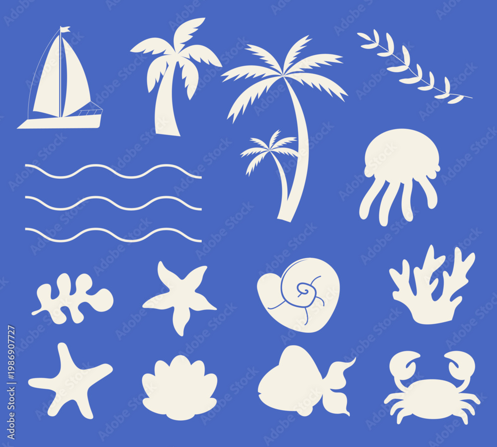 Obraz premium Tropical Vacation Vector Illustration with Palm Trees and Ocean Elements