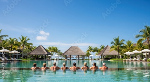 Group relaxing in a luxurious pool, gazing at thatched huts and palm trees under a clear blue sky. An idyllic vacation scene evoking tranquility. Tropical getaway, serene escape, luxury travel.