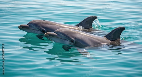 Two dolphins swimming together in the ocean. A captivating eye-level shot conveying serenity and companionship. . Marine wildlife, ocean conservation, aquatic life.