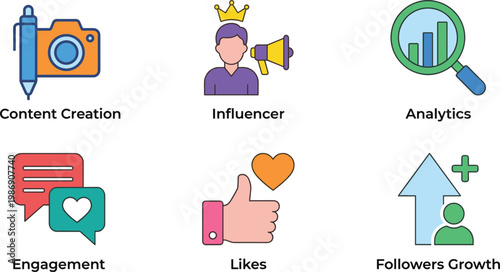 Social media marketing icons set content creation influencer analytics engagement likes followers growth digital branding flat design illustration pack