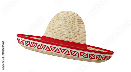 Straw Sombrero Hat with Red Trim and Geometric Pattern