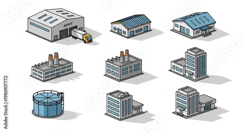 Isometric Pixel Art Buildings - Factories, Warehouses, and Industrial Structures.