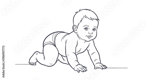 A baby crawls forward with a smile on its face slowly.