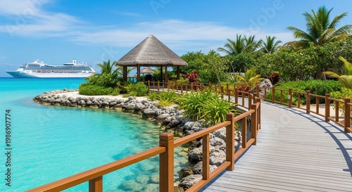 Tropical island with a cruise ship, blue water, and vegetation on a sunny day. A wide, idyllic landscape evokes tranquility. Holiday escape, vacation destination, luxury travel.