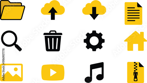UI interface essential icon set app basic icons folder search settings media cloud upload download vector modern flat design pack