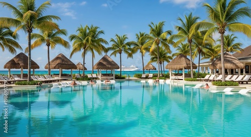 Luxury Tropical Resort Pool with Palm Trees and Ocean View