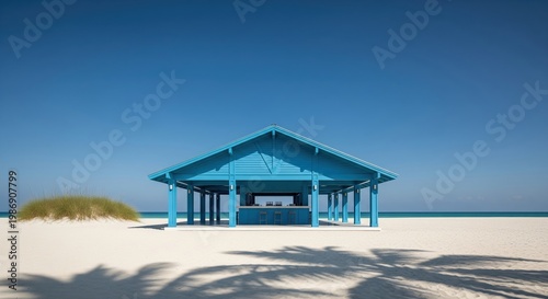 Bright blue beach bar on white sand under a clear sky. A serene, tropical scene of relaxation and escape. Holiday destination, idyllic landscape, coastal resort.