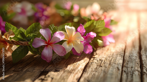 Hawaiian flower lei on weathered wooden surface