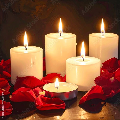 Soft white candles with rose petals on reflective surface