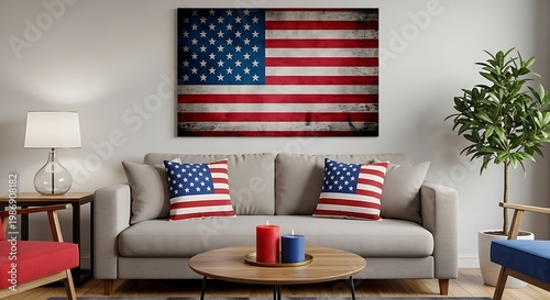 Modern living room interior featuring american flag wall art and patriotic sofa decor elements