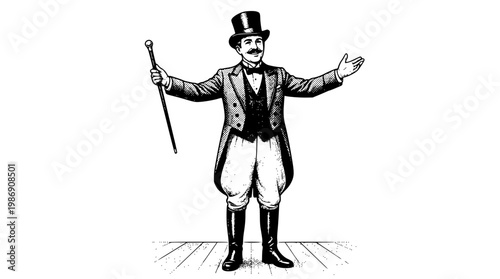 Elegant gentleman in top hat gesturing with a cane