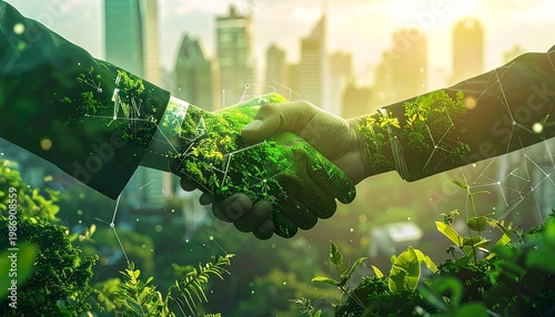 Handshake with nature overlay and city backdrop symbolizing environmental partnership and sustainability