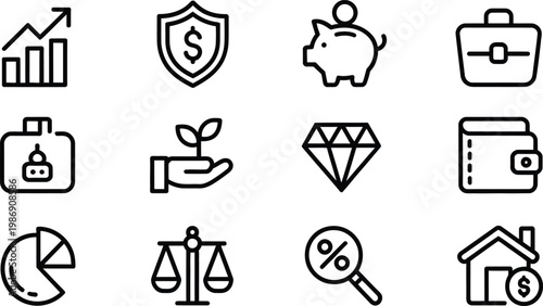 Finance & Business Security Editable Line Icons Set – Savings, Shield, Wallet, Investment Vector