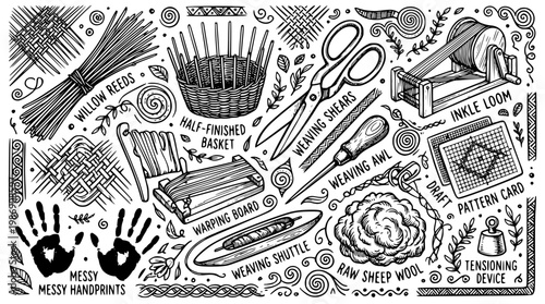 Various weaving tools and materials for textile creation shown