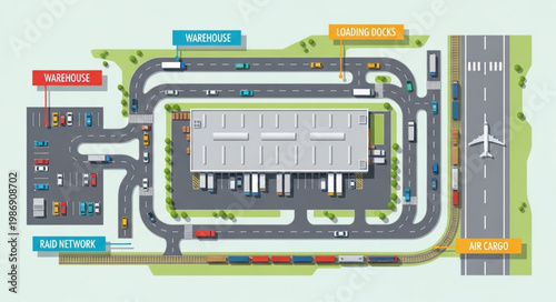 Airport Layout Illustration with Runway, Terminal, and Parking.