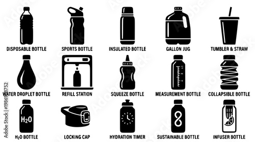 Vector graphic illustration of various water bottle designs available