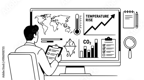 Man analyzing climate change data on a computer screen