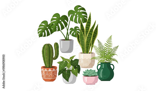 Colorful houseplants in pots vector set with indoor plant collection flat design isolated on white