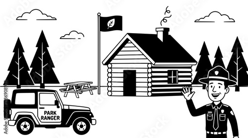 Park ranger waving near a log cabin and jeep